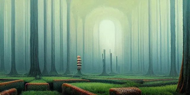 Image similar to painting maze with redwood trees city from bladerunner by tomasz alen kopera and daniel lieske with futuristic neolithic town by simon stahlenhag