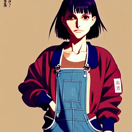 Image similar to a beautiful! boyish! natalie portman alluring gravure! model, wearing oversized mayan bomber jacket and leotard with overalls, bulky poofy bomber jacket with mayan patterns, gapmoe yandere grimdark, trending on pixiv fanbox, painted by greg rutkowski makoto shinkai takashi takeuchi studio ghibli, akihiko yoshida