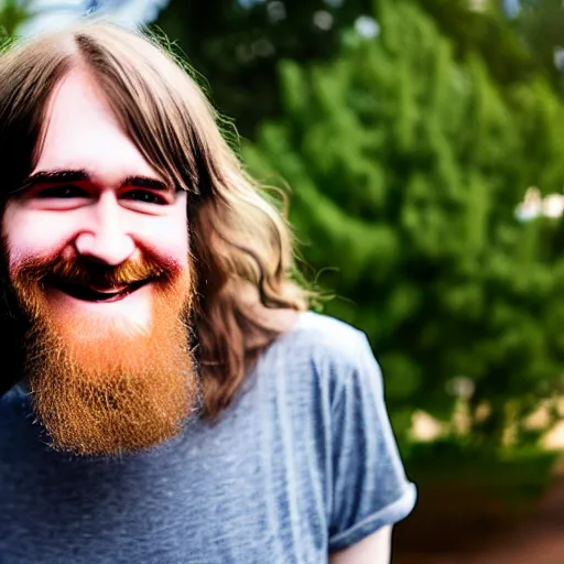 Prompt: bearded long - haired bo burnham outside of his house, smiling and dancing extremely happily, ultra - realistic, 8 k