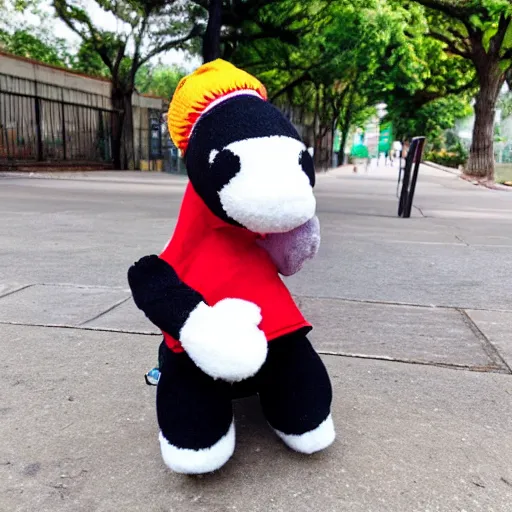 Image similar to bongo beanie baby on a sidewalk,