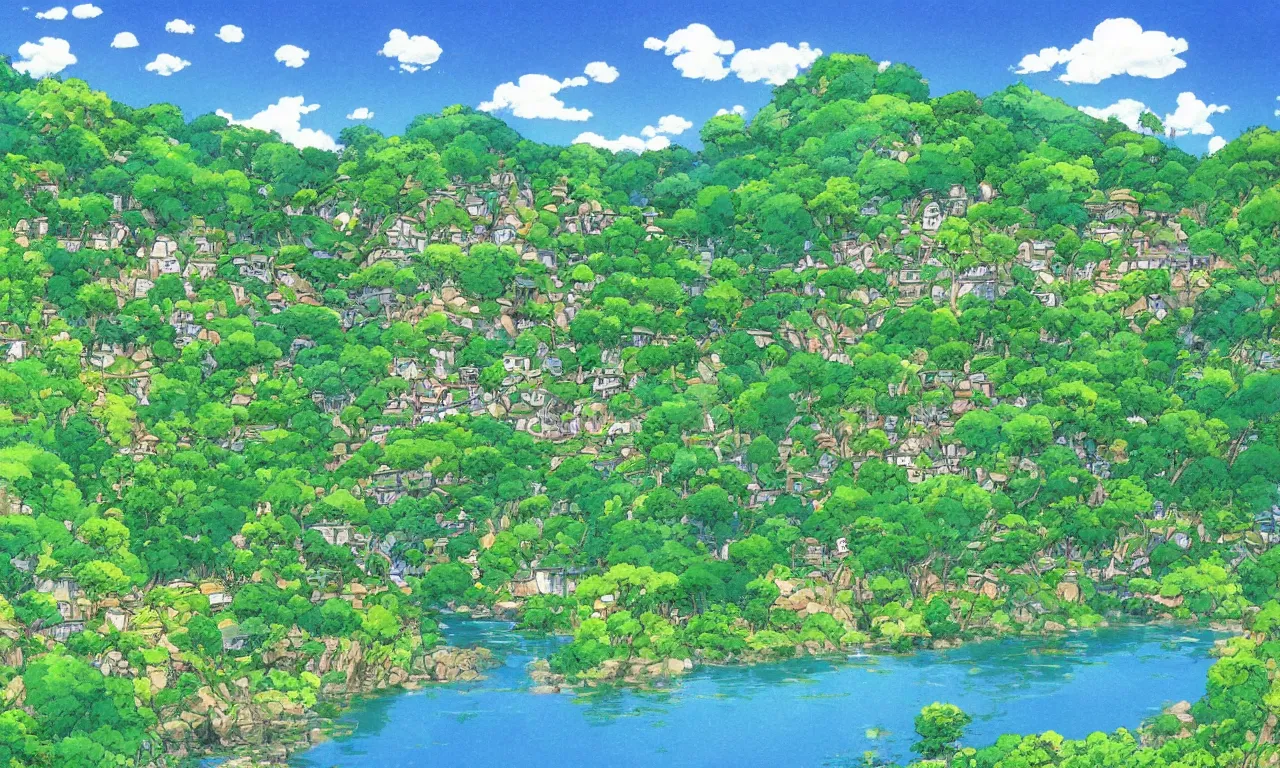 Prompt: a village down the mountain, river across the painting, blue sky, summer, green, sunshine, trees, by studio ghibli and hayao miyazaki
