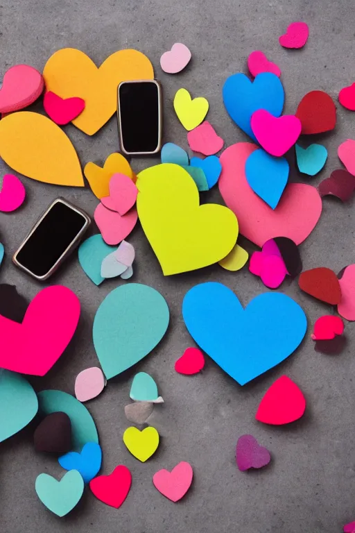 Prompt: two old phones, little hearts in the air, pop colours,