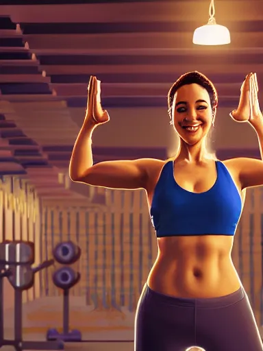 Image similar to a beautiful happy woman doing yoga at the gym. smiling popular girl. intricate, elegant, highly detailed, digital painting, artstation, cinematic shot, concept art, sharp focus, illustration, by justin gerard and artgerm, 8 k