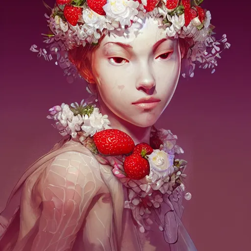 Image similar to the face of an absurdly beautiful, graceful, elegant, sophisticated young woman made of strawberries and white petals with tears, an ultrafine hyperdetailed illustration by kim jung gi, irakli nadar, intricate linework, bright colors, octopath traveler, final fantasy, unreal engine 5 highly rendered, global illumination, radiant light, detailed and intricate environment