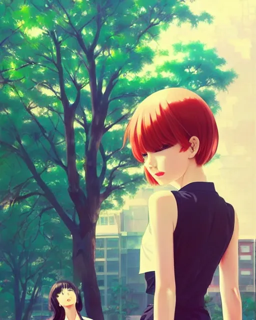 Image similar to cute girl wearing tank suit, dating in a park, room background | very very anime!!!, fine - face, audrey plaza, realistic shaded perfect face, fine details. anime. realistic shaded lighting poster by ilya kuvshinov katsuhiro otomo ghost, magali villeneuve, artgerm, jeremy lipkin and michael garmash and rob rey