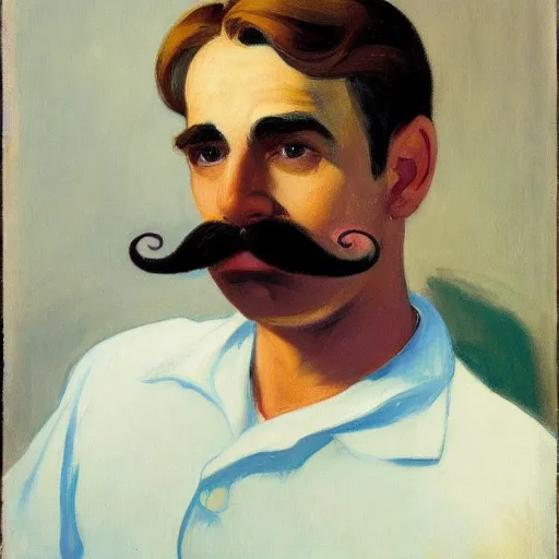 Prompt: a brown haired man with a mustache staring deeply at camera, detailed, edward hopper,
