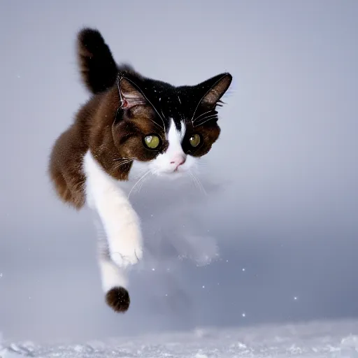 Prompt: photo of hyperspeed flying through space, siamese snowshoe cat running fast with motion blur