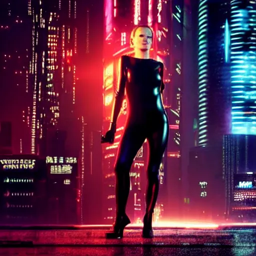 Image similar to anna paquin starring in a cyberpunk movie in a distopic futuristic city in the style of bladerunner, wearing a black catsuit, holding a gun, movie still, highly detailed, rainy night, volumetric lights, studio lighting, dramatic, scifi, sharp focus