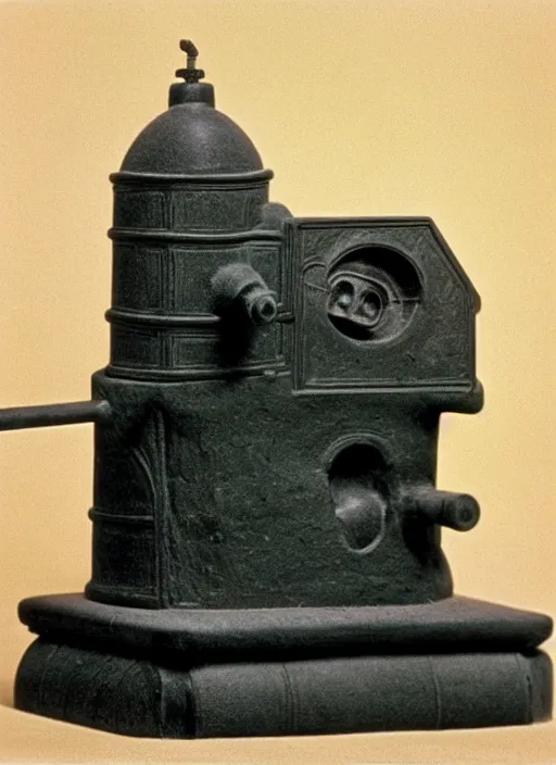 Image similar to ultra very realistic photo of a a medieval temple chemistry appliance pump, made of wood white clay fluffy fur black plastic 1 9 9 0, life magazine photo, natural colors, museum collection, kodak