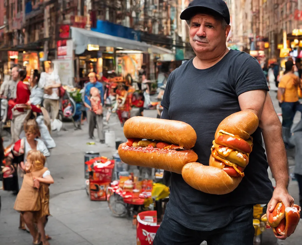 Image similar to closeup portrait of a man carrying a giant hotdog, smoky new york back street, by Annie Leibovitz and Steve McCurry, natural light, detailed face, CANON Eos C300, ƒ1.8, 35mm, 8K, medium-format print