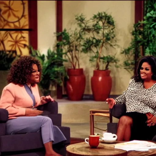 Prompt: an elephant sitting as a guest in the oprah winfrey show