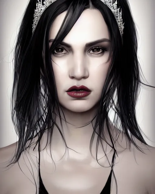 Image similar to portrait of a tall 4 0 - year - old woman with thin lips, long, lush black hair like a crown black, and thick eyebrows, wearing in black clothes, hyper realistic face, beautiful eyes, character art, art by mark brooks, hyperdetailed, cryengine, trending on artstation, digital art