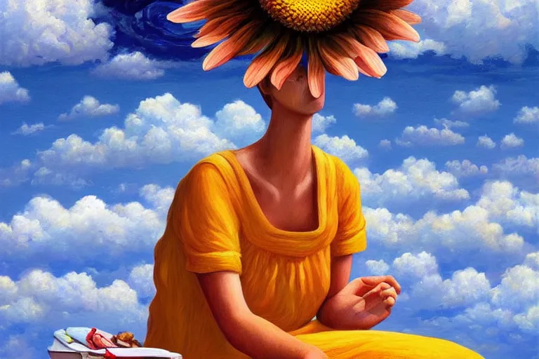 Image similar to giant daisy flower head, woman sitting, surreal, clouds in sky, impressionist painting, digital painting, artstation, rob gonsalves