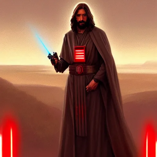 Image similar to Jesus Christ as a Sith Lord with red light saber and in power armor, western, D&D, fantasy, intricate, elegant, highly detailed, digital painting, artstation, concept art, matte, sharp focus, illustration, art by Artgerm and Greg Rutkowski and Alphonse Mucha