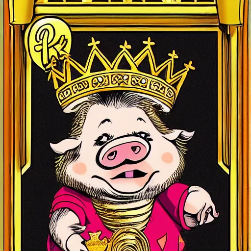 Image similar to pig in a gold crown in the style of garbage pail kids