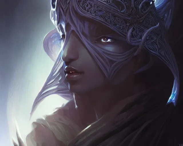 Image similar to black mage ( final fantasy series ), shrouded face, deep focus, d & d, fantasy, intricate, elegant, highly detailed, digital painting, artstation, concept art, matte, sharp focus, illustration, hearthstone, art by artgerm and greg rutkowski and alphonse mucha