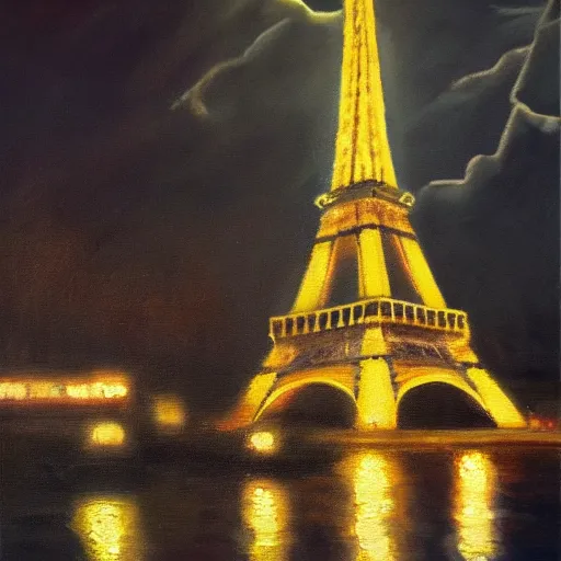 Prompt: an oil painting of the eiffel tower on a dark stormy evening utilizing volumetric lighting