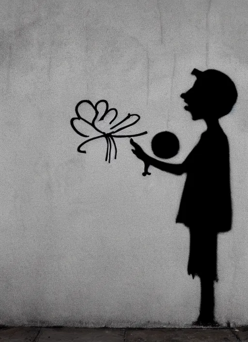 Image similar to a side profile of a black and white graffiti of boy holding a single graffitied blue balloon on a concrete background in the style of Banksy, graffiti, digital art