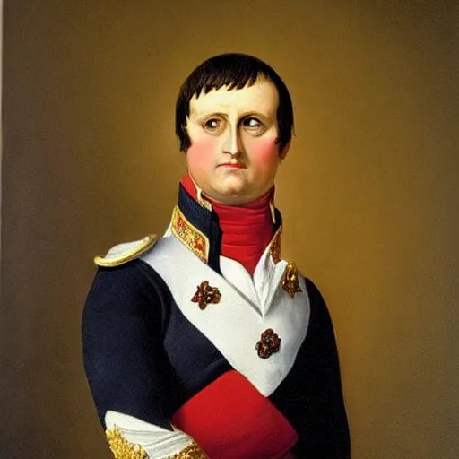 Image similar to a hyperrealistic potrait of napoleon bonaparte, he is staring, highly detailed, thick brush strokes, see able paint layers.