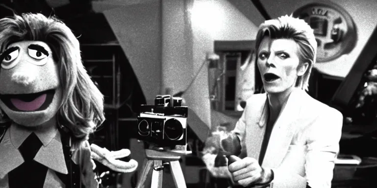 Prompt: Cinematography of David Bowie in 1981 shot on a 9.8mm wide angle lens on the set of The Muppet Movie