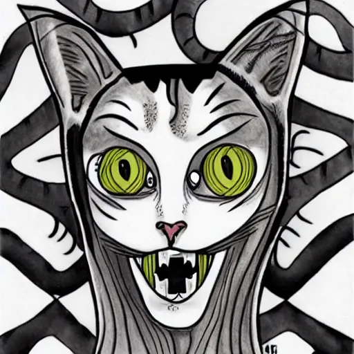 Prompt: cat morphing into human horror comic junji ito style