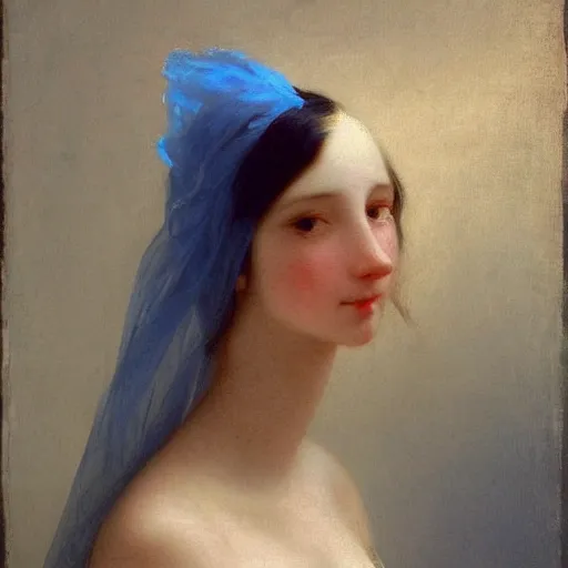 Image similar to a young woman’s face, her hair is white, she wears a long flowing blue satin veil, by ivan aivazovsky and and pieter claesz and paul delaroche and alma tadema and august malmstrom and and willen claesz heda and aelbert cuyp and gerard ter borch, hyperrealistic, rendered in octane