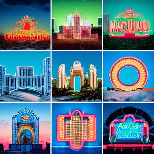 Image similar to miami as atlantis, castles, neon signs, realistic