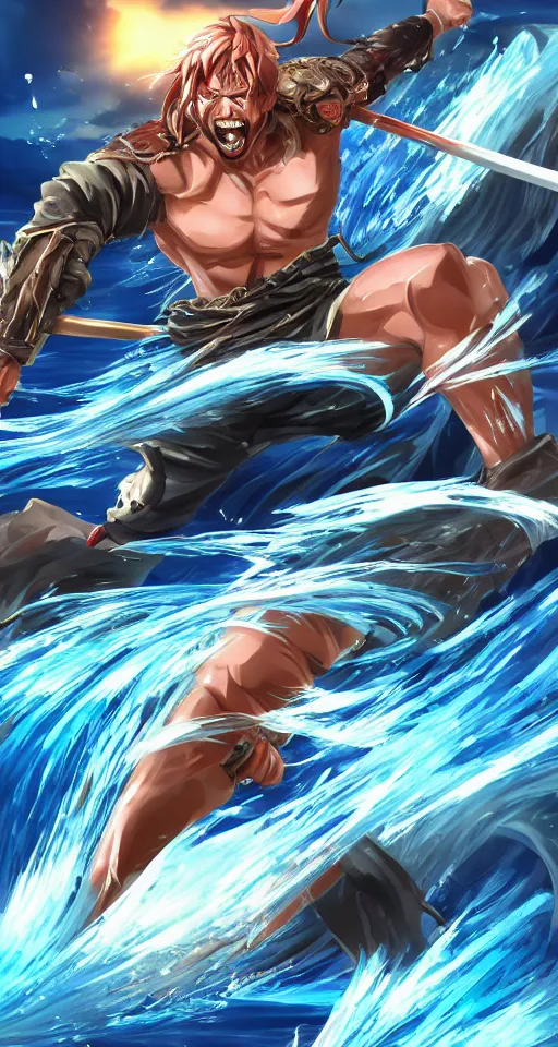 Image similar to man, warrior with katana of water wave, full body, water fists of fury, crazy hate face, jumping leaping heroic attack, action scene, kimi no yiba, anime style, ultra detailed, 4 k