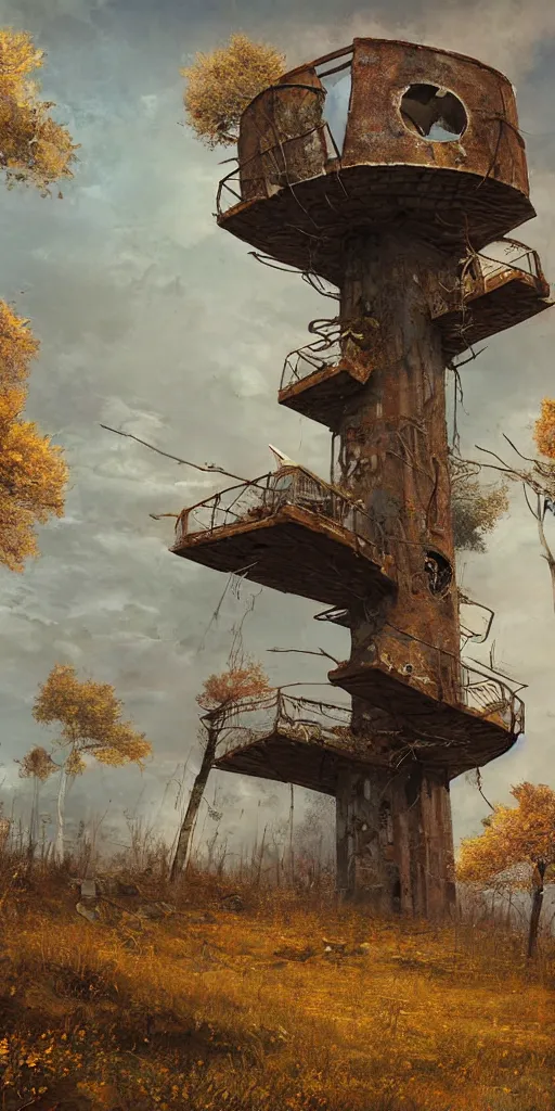 Image similar to tree house on a rusty broken building constructions of a giant upside - down spiral edgy staircase, leading to the sky, the ruins, in the steppe, autumn field, misty background, from the game pathologic 2, highly detailed, sharp focus, matte painting, by isaac levitan and asher brown durand,