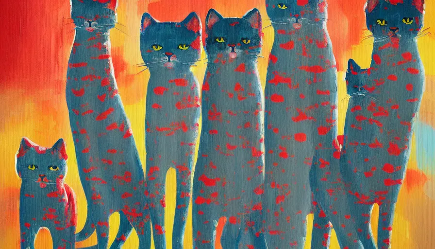 Image similar to contemporary semi abstract acrylic painting of really tall cats by cath kidston, by greg rutkowski, kessler art, thick brush strokes and visible paint layers, multicolor color scheme