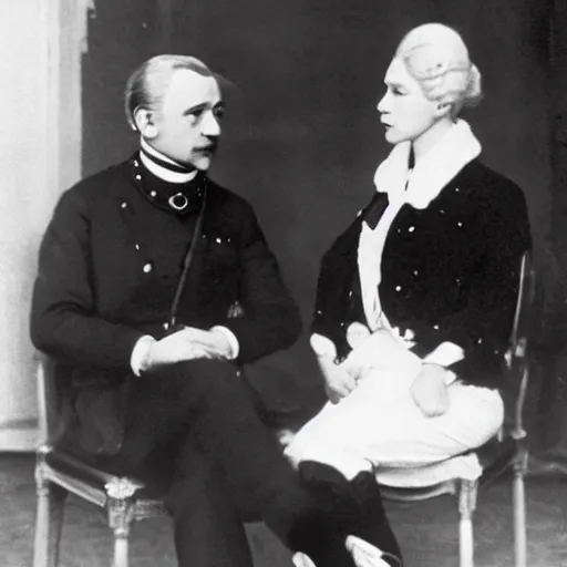 Image similar to Platinum-blonde-haired hime-cut blue-eyed French empress wearing white leggings, black jacket, boots, sitting in office, Bolshevik officer standing next to her, talking