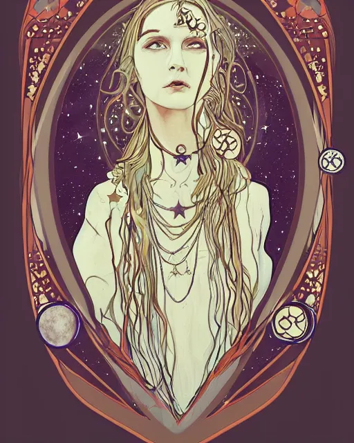Prompt: a portrait of a galaxy as an androgynous druid spirit wearing five necklaces of moons and stars, draped in transparent cloth, flat colors, occult, minimal, swirly, bust by amy brown and alphonse mucha, decorative art nouveau border, astrophotography, vast cosmos, digital concept art, trending on artstation