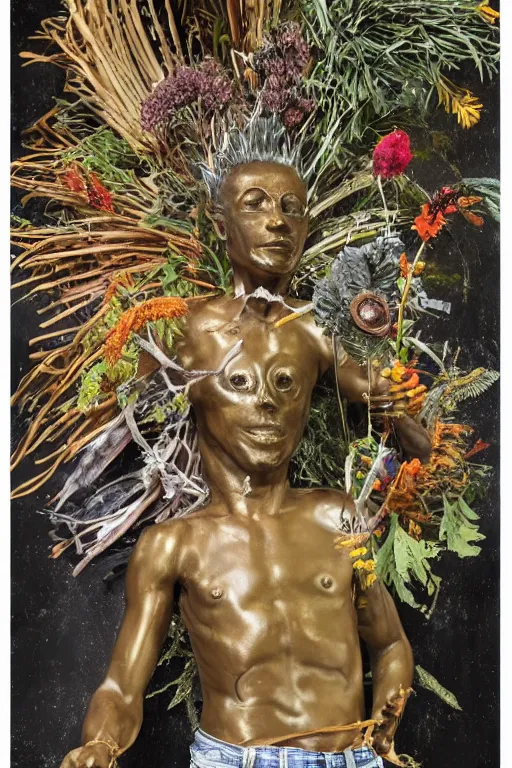 Image similar to Jean-Michel Basquiat as a bronze full-body statue of Icarus spreading his arms for flight, glowing quartz crystal skull, wreath of ferns, flowing sakura-colored silk, fabric, flowers. baroque elements, human skull. full-length view. baroque element. intricate artwork by caravaggio. many many birds birds on background. Trending on artstation. halo. octane render, cinematic, hyper realism, octane render, 8k, depth of field, 3D