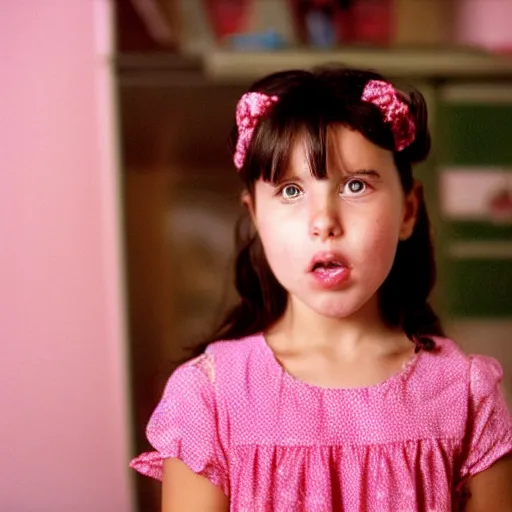 Prompt: wide shot, dark haired 10 year old girl in a pink dress looking at the camera with one hand over her mouth, surprised expression, 1990s bedroom in the background