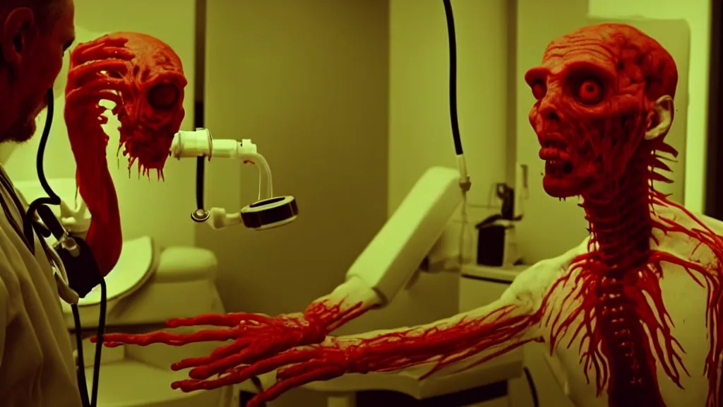 Image similar to the creature at the doctor's office, made of glowing wax and blood, they look use a stethoscope, film still from the movie directed by denis villeneuve and david cronenberg with art direction by salvador dali, wide lens