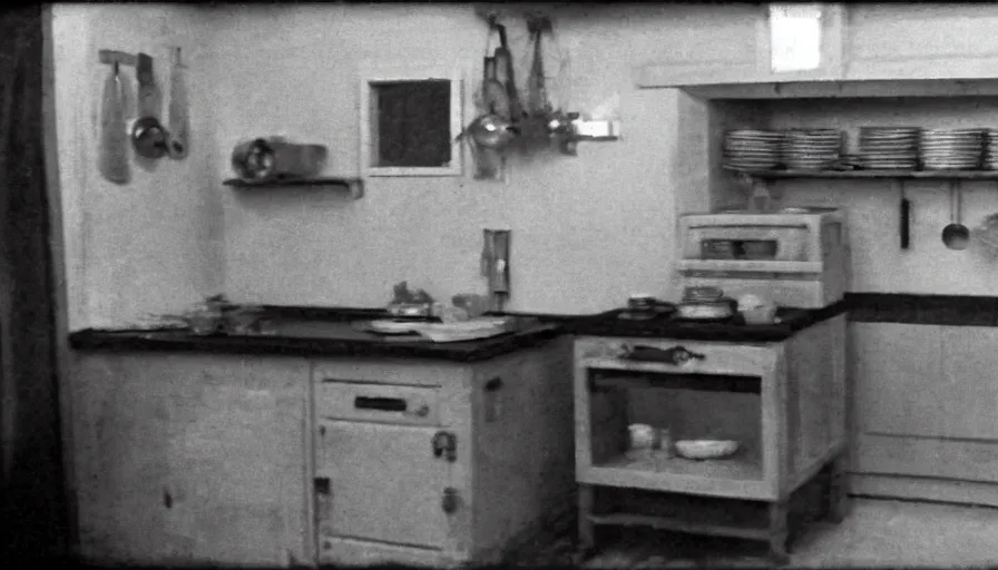 Image similar to a snake in a stalinist style kitchen, by mini dv camera, very very low quality, heavy grain, very blurry, accidental flash, webcam footage, found footage, security cam, caught on trail cam