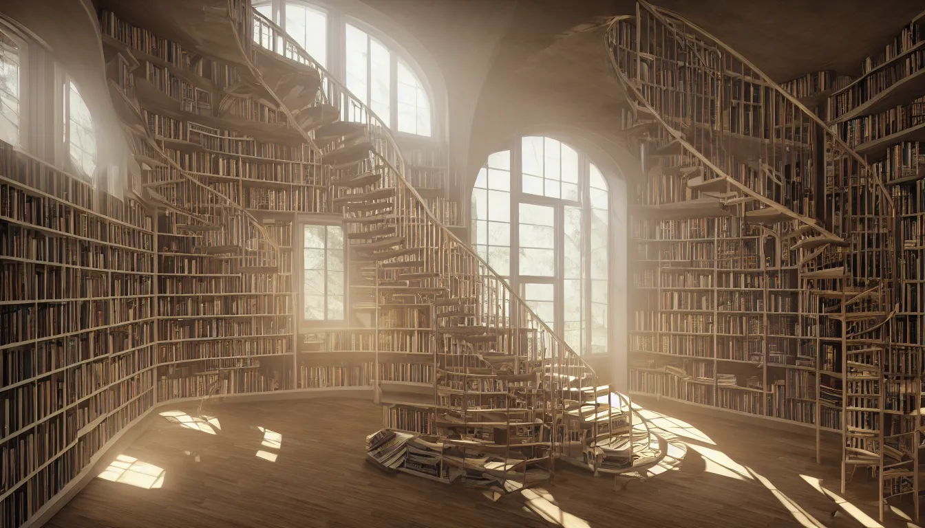 Prompt: intimate detailed hall full of windows streaming sunlight, spiralling staircase and shelves full of books, strong shadows, full colour, hyper realistic photo, unreal engine, upscale, 8 k, masterpiece,