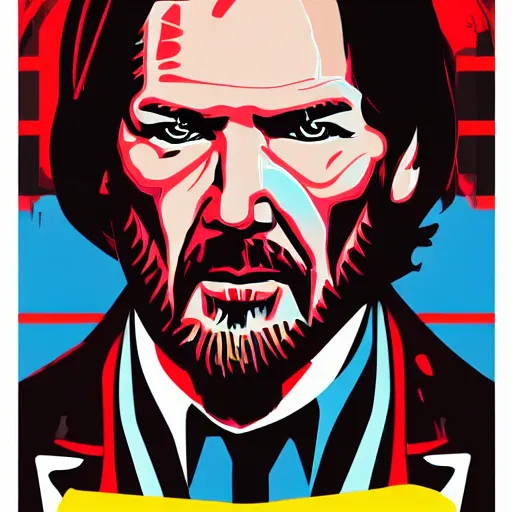 Image similar to individual john wick portrait fallout 7 6 retro futurist illustration art by butcher billy, sticker, colorful, illustration, highly detailed, simple, smooth and clean vector curves, no jagged lines, vector art, smooth andy warhol style