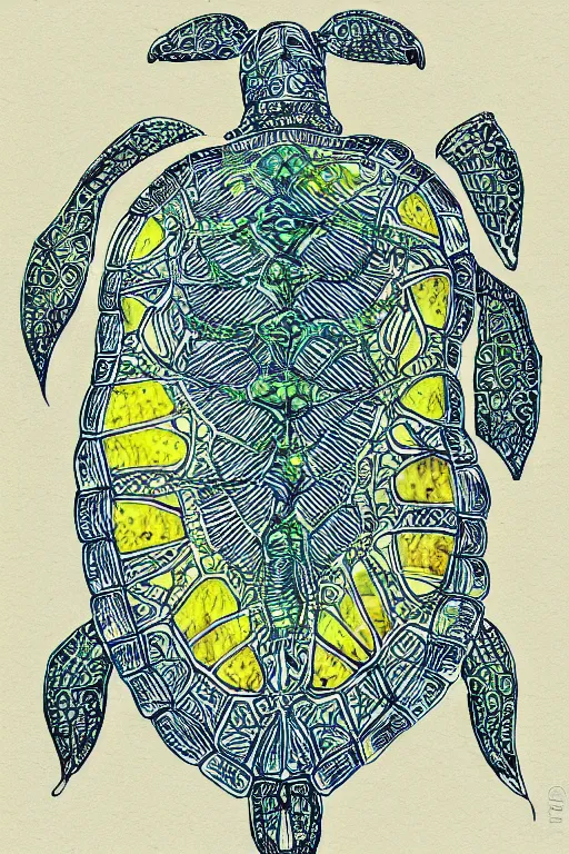 Image similar to luminescent sea turtle, symmetrical, highly detailed, digital art, sharp focus, skeleton, trending on art station, amber