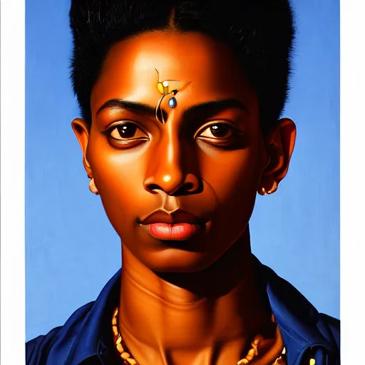 Image similar to A portrait of a skinny stylish and beautiful non-binary person, dark skin tone, Indian, oil painting by Kehinde Wiley, majestic, detailed, high resolution