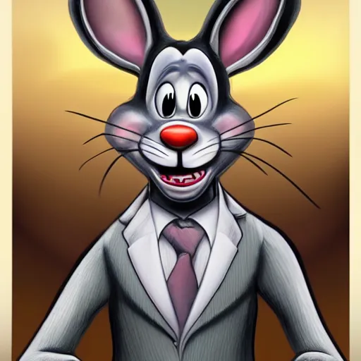 Prompt: A extremely highly detailed majestic hi-res beautiful, highly detailed head and shoulders portrait of a scary terrifying creepy cartoon rabbit evil smiling standing up wearing pants and a shirt in the style of Walt Disney animation