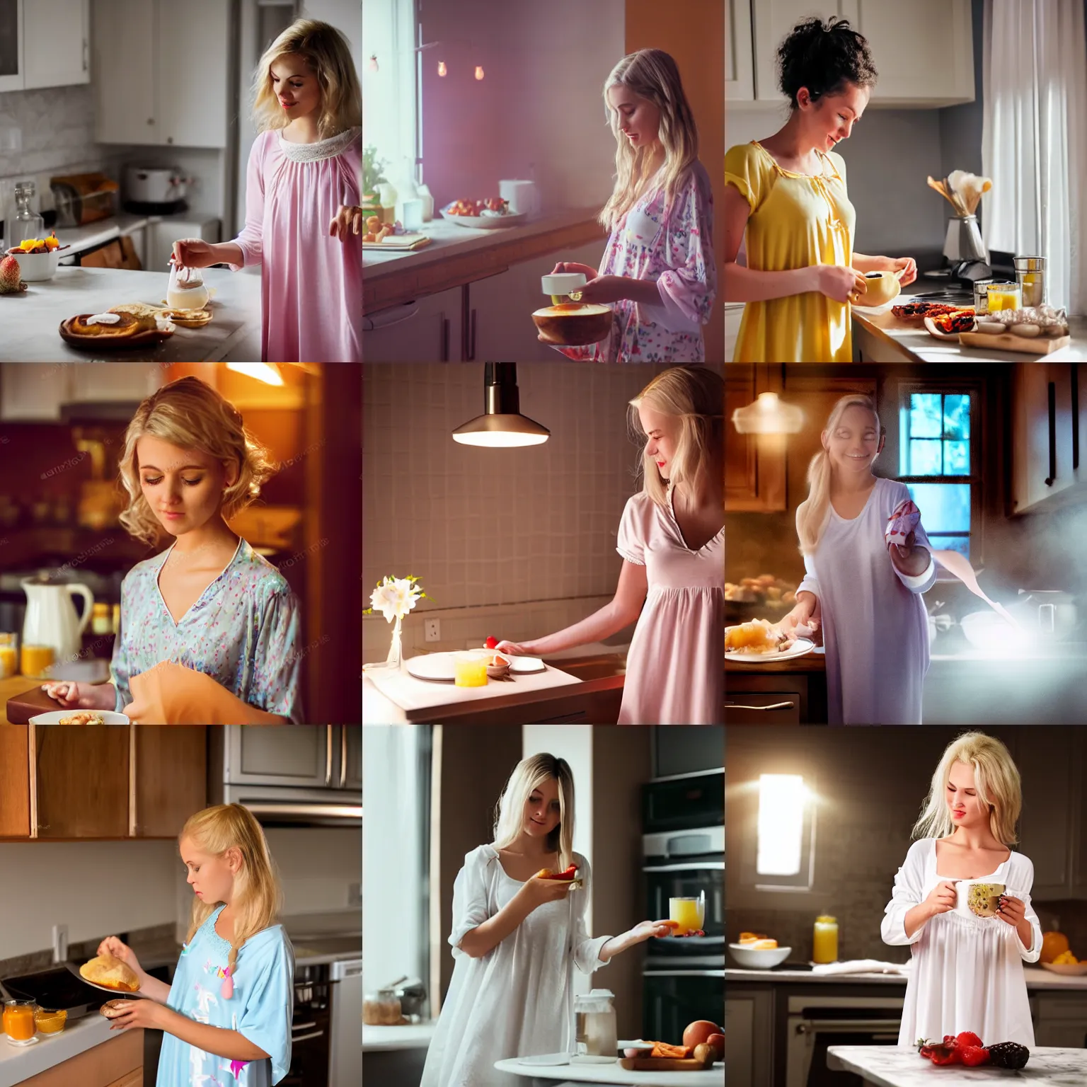 Prompt: young blonde making breakfast in her nightgown, photo real dreamy volumetric lighting