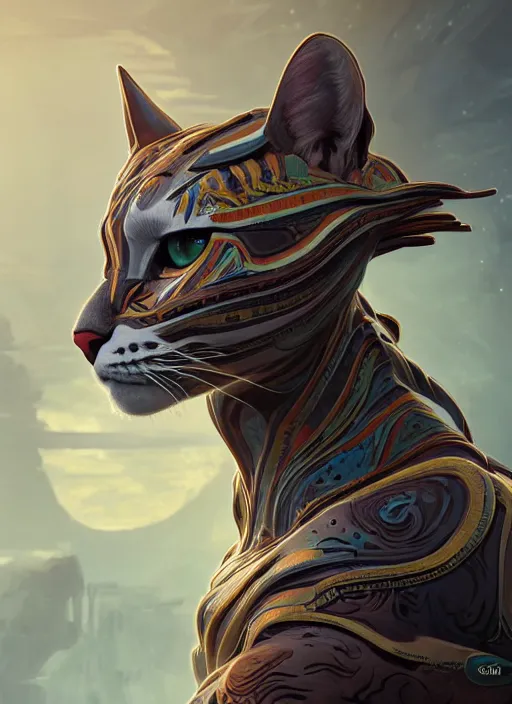 Image similar to symmetry!! portrait of cat alien in the style of horizon zero dawn, machine face, intricate, elegant, highly detailed, digital painting, artstation, concept art, smooth, sharp focus, illustration, art by artgerm and greg rutkowski and alphonse mucha, 8 k