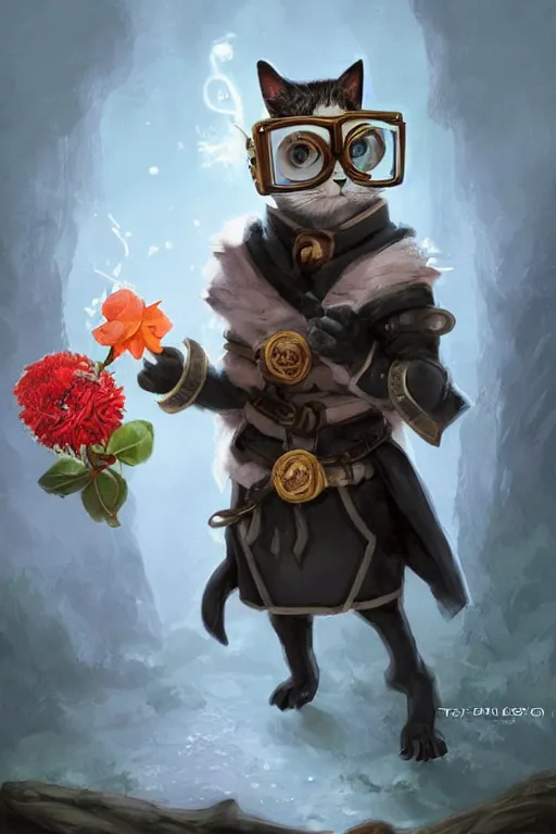 Image similar to cute anthropomorphic tuxedo cat wearing a cape and a goggles and holding a flower , miniature, baby animal, short, blue armor, cute and adorable, pretty, beautiful, DnD character art portrait, matte fantasy painting, Cg society artstarion, by Jason Felix by Steve Argyle by Tyler Jacobson by Peter Mohrbacher, cinematic lighting