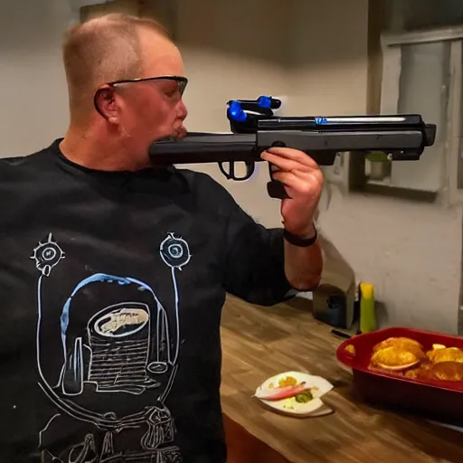 Image similar to king harkinian from cdi zela shooting his dinner blaster