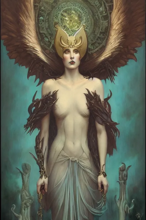 Image similar to Lucifer by Tom Bagshaw in the style of Gaston Bussière, art nouveau, art deco