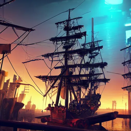 Image similar to high quality photo of a pirate ship in a cyberpunk cyberpunk cyberpunk city, realism, 8k, award winning photo