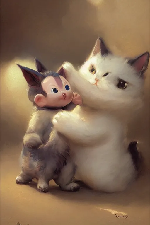 Prompt: a very cute character baby creature from dragon ball and kawai cat, beautiful painting by louis remy mignot, greg rutkowski, ilya repin, nice lighting, smooth tiny details, soft and clear shadows, low contrast, perfect