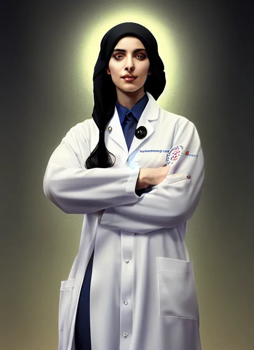 Prompt: arab female scientist, lab coat, black hair, studio lighting, portrait by Magali Villeneuve and Steve Argyle,Livia Prima,Mucha,fantasy art,beautiful,artstation