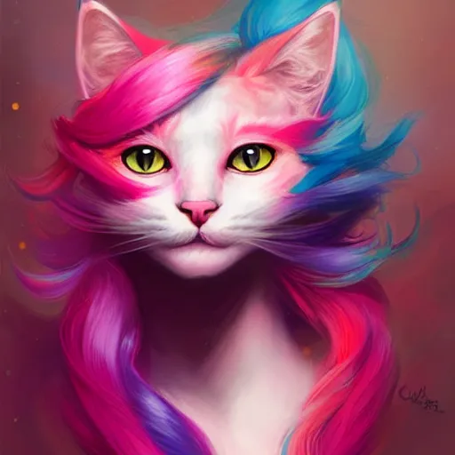 Image similar to colorful and festive cat with pink hair,. rich vivid colors, ambient lighting, dynamic lighting, 4 k, atmospheric lighting, painted, intricate, highly detailed by charlie bowater